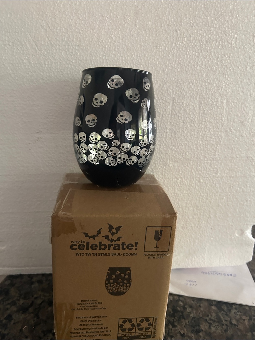 Black Skull Pattern Stemless Wine Tumbler 16oz. Qty 6